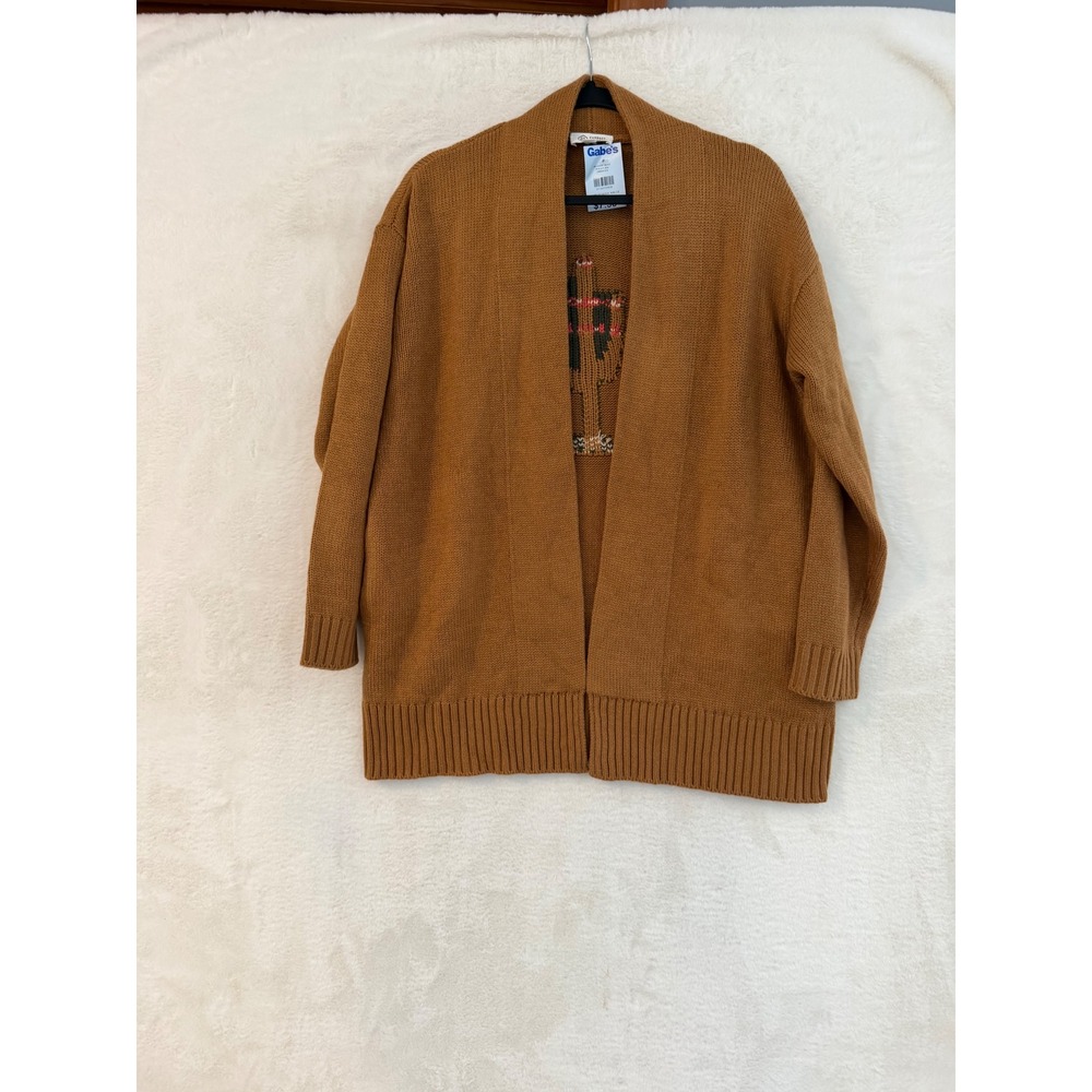 Candace Cameron Bure Women SP Camel Brown Cactus Graphic Open Front Cardigan NWT
